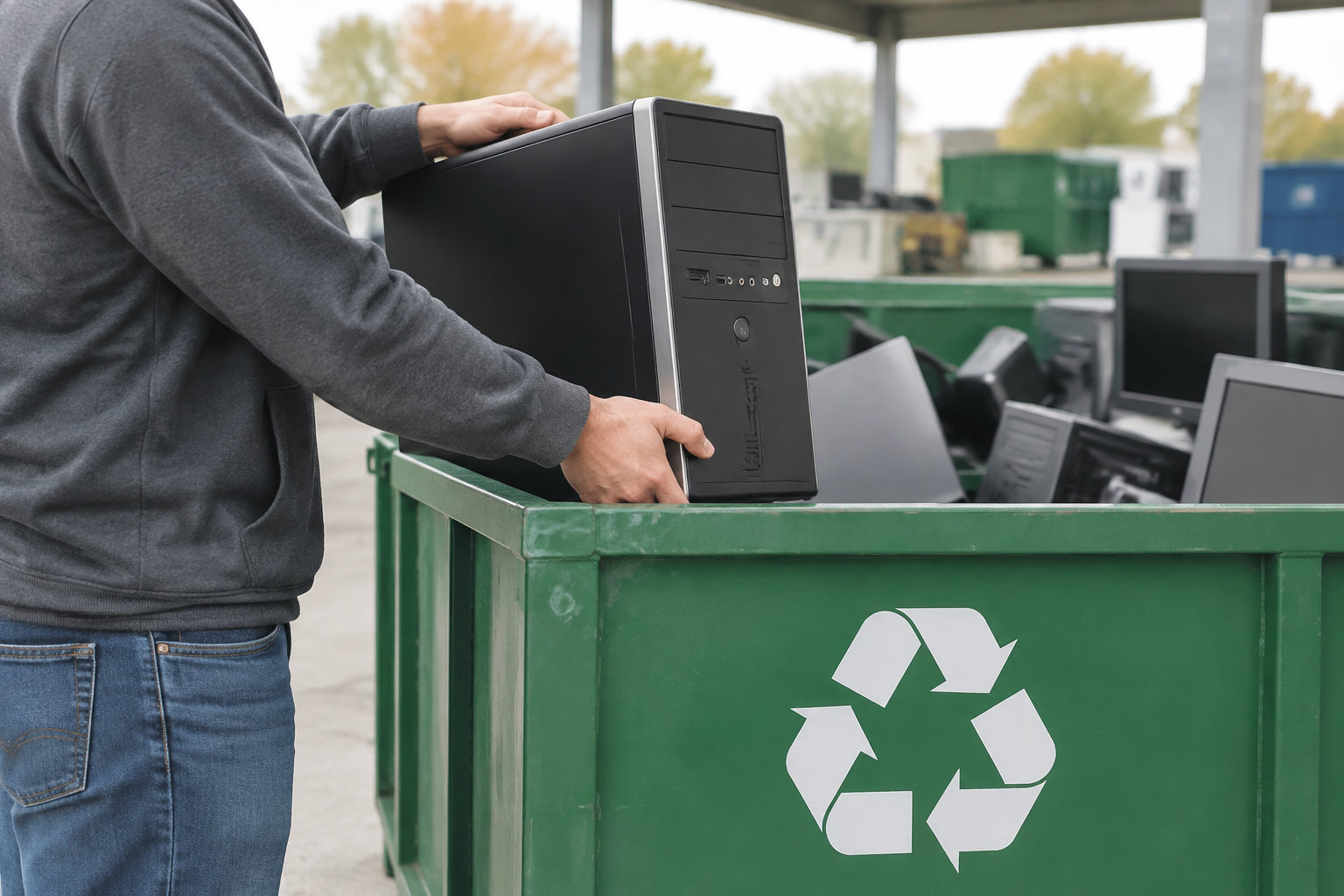 Une personne dépose une tour d’ordinateur dans une grande benne verte marquée du symbole du recyclage, où se trouvent d’autres appareils électroniques.