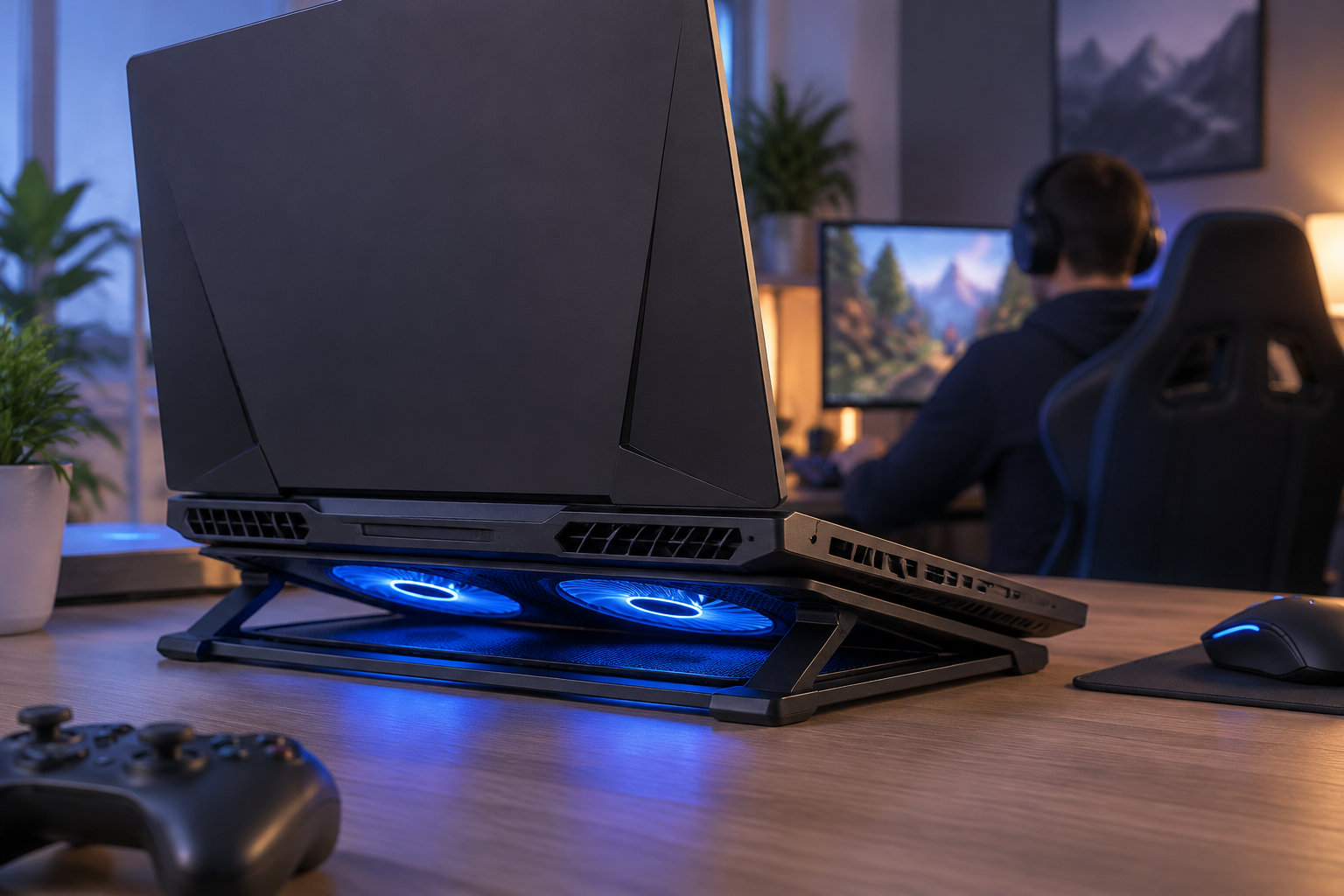 Un ordinateur portable de jeu est posé sur un support ventilé à éclairage bleu, sur un bureau avec une souris et une manette, tandis qu’une personne portant un casque joue devant un écran.