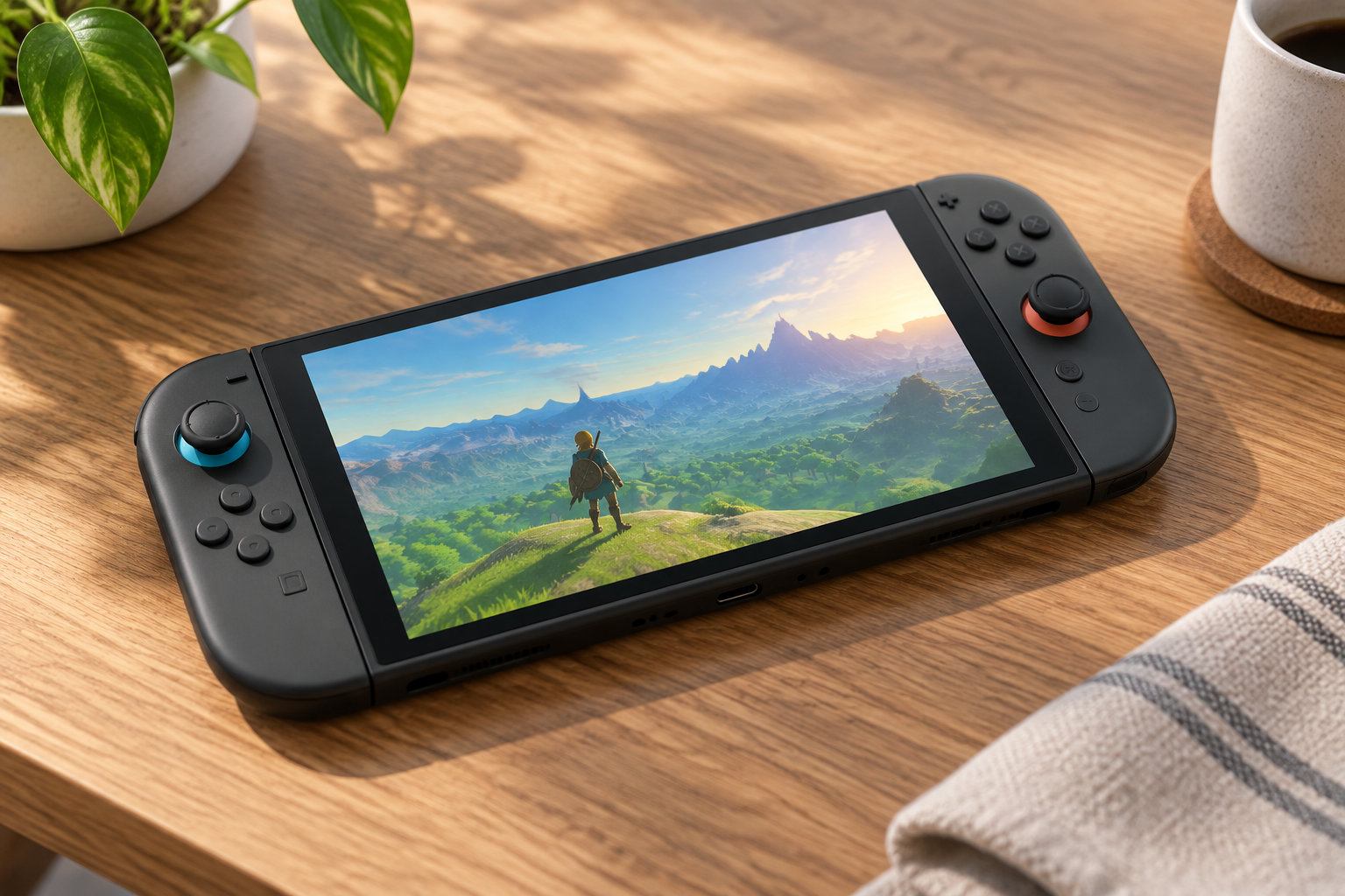 Une console de jeu portable est posée sur une table en bois, avec une plante, une tasse et un tissu à proximité ; son écran montre un personnage face à un paysage montagneux.