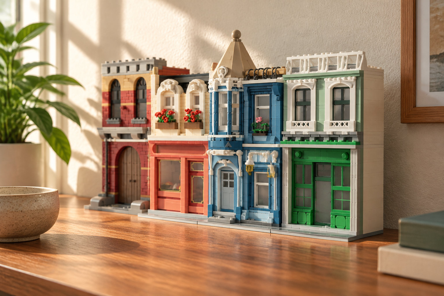 Une maquette de rangée de façades colorées en briques de construction est posée sur une table en bois, près d’une plante et d’un pot.