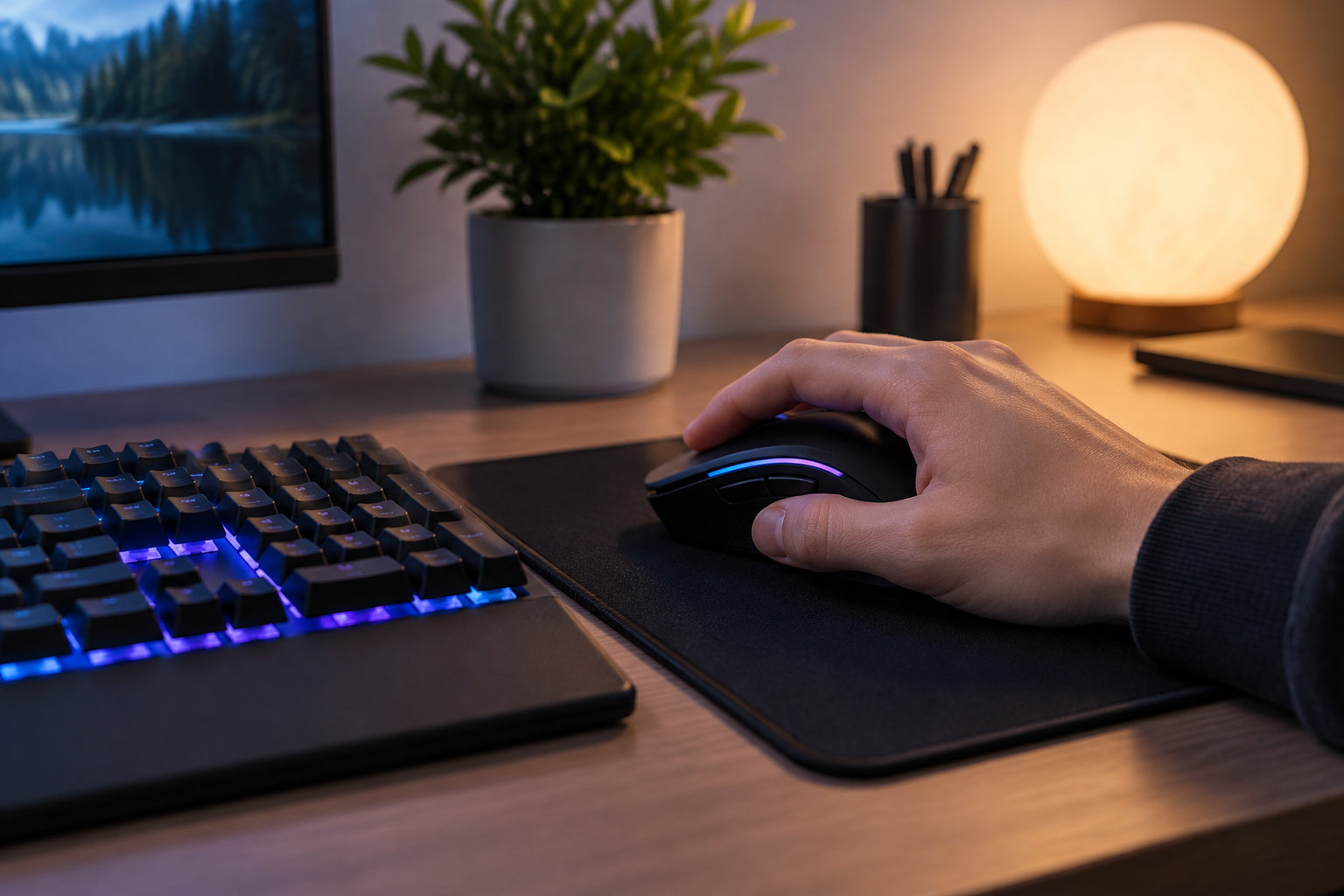 Une main tient une souris lumineuse à côté d’un clavier rétroéclairé, sur un bureau avec un écran, une plante et une lampe sphérique.