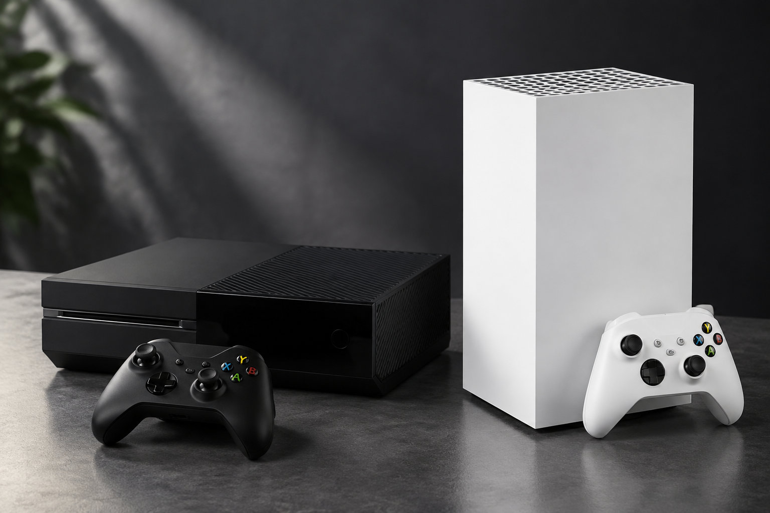 Une console de jeu noire et une console blanche sont posées côte à côte, chacune accompagnée d’une manette assortie.