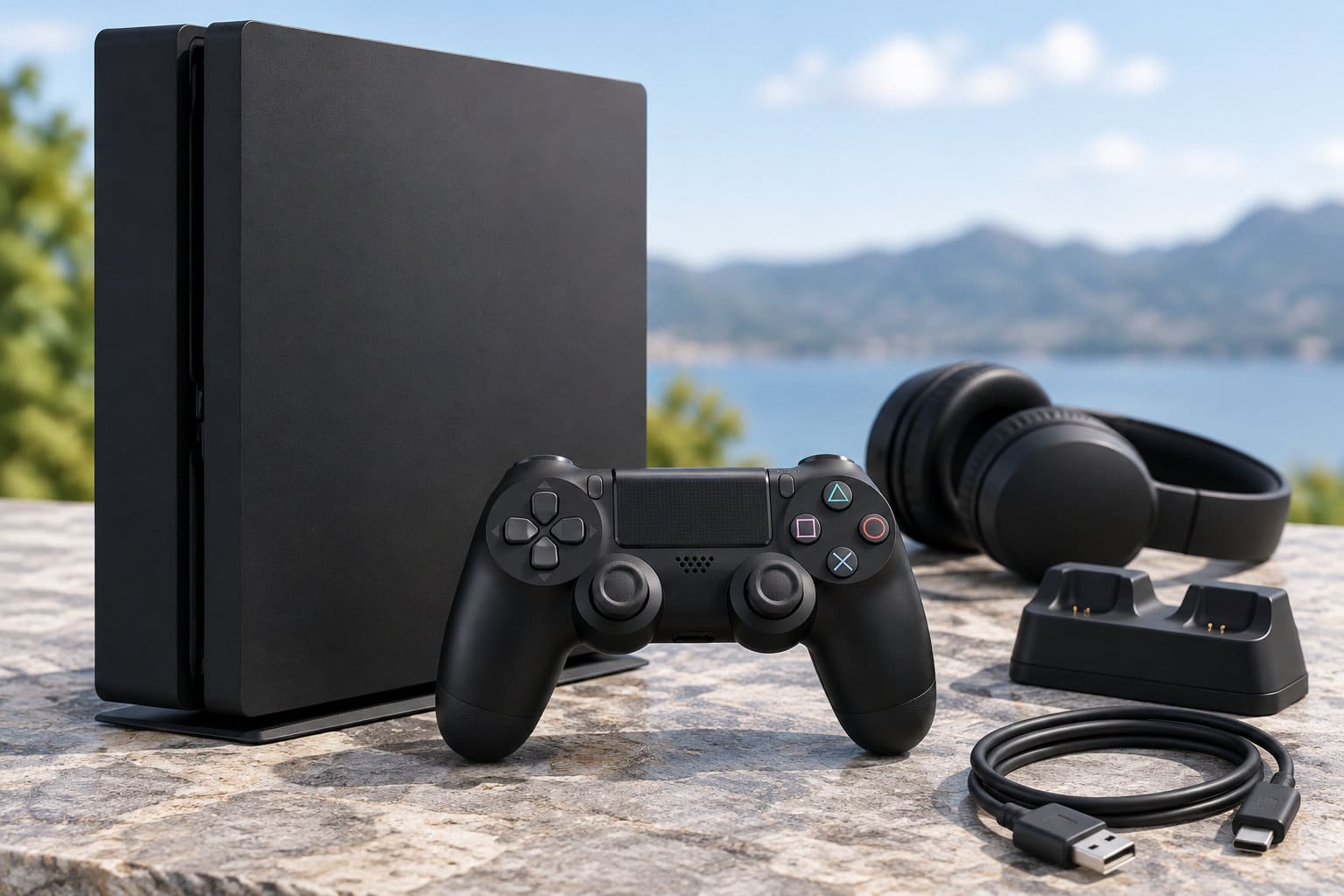 Une console de jeu noire, une manette, un casque audio, une station de recharge et un câble sont disposés sur une table en pierre, devant un lac et des montagnes.