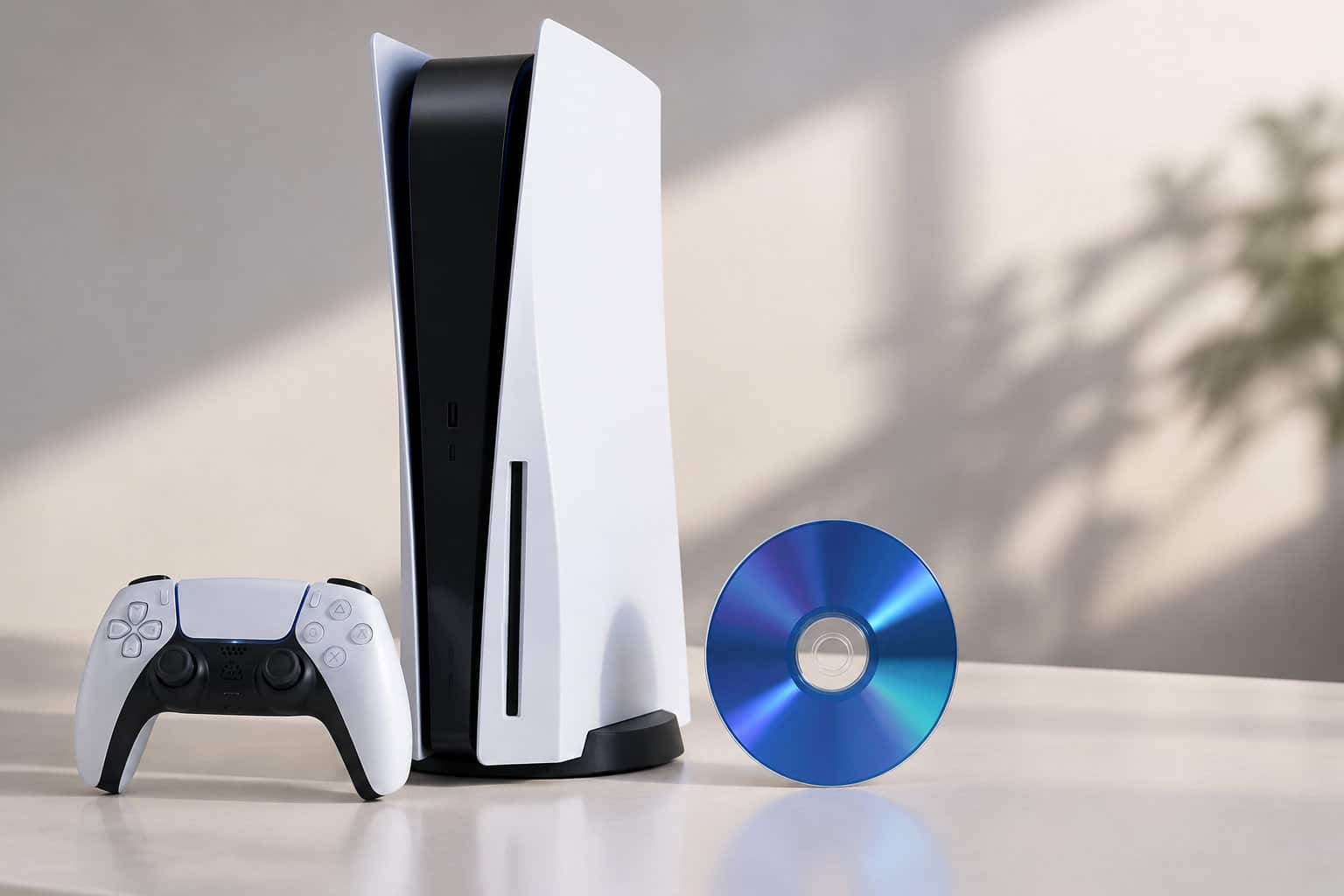 Une console de jeux blanche et noire est posée verticalement sur une table, avec une manette blanche et noire à gauche et un disque bleu à droite.