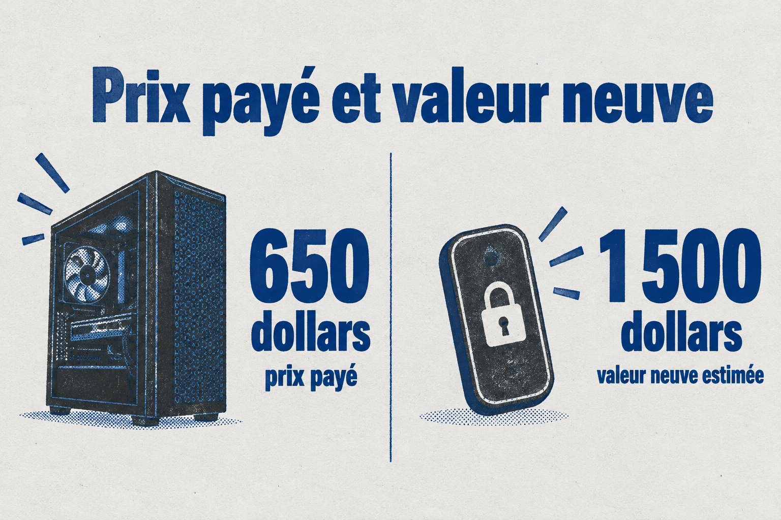 L’infographie compare les 650 dollars payés pour le PC aux 1 500 dollars de valeur neuve estimée.