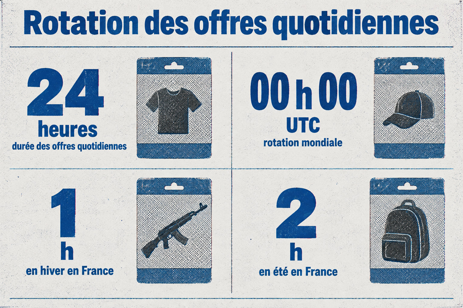 Les quatre offres quotidiennes durent 24 heures : la rotation a lieu à 00 h 00 UTC, soit à 1 h en hiver et à 2 h en été en France.