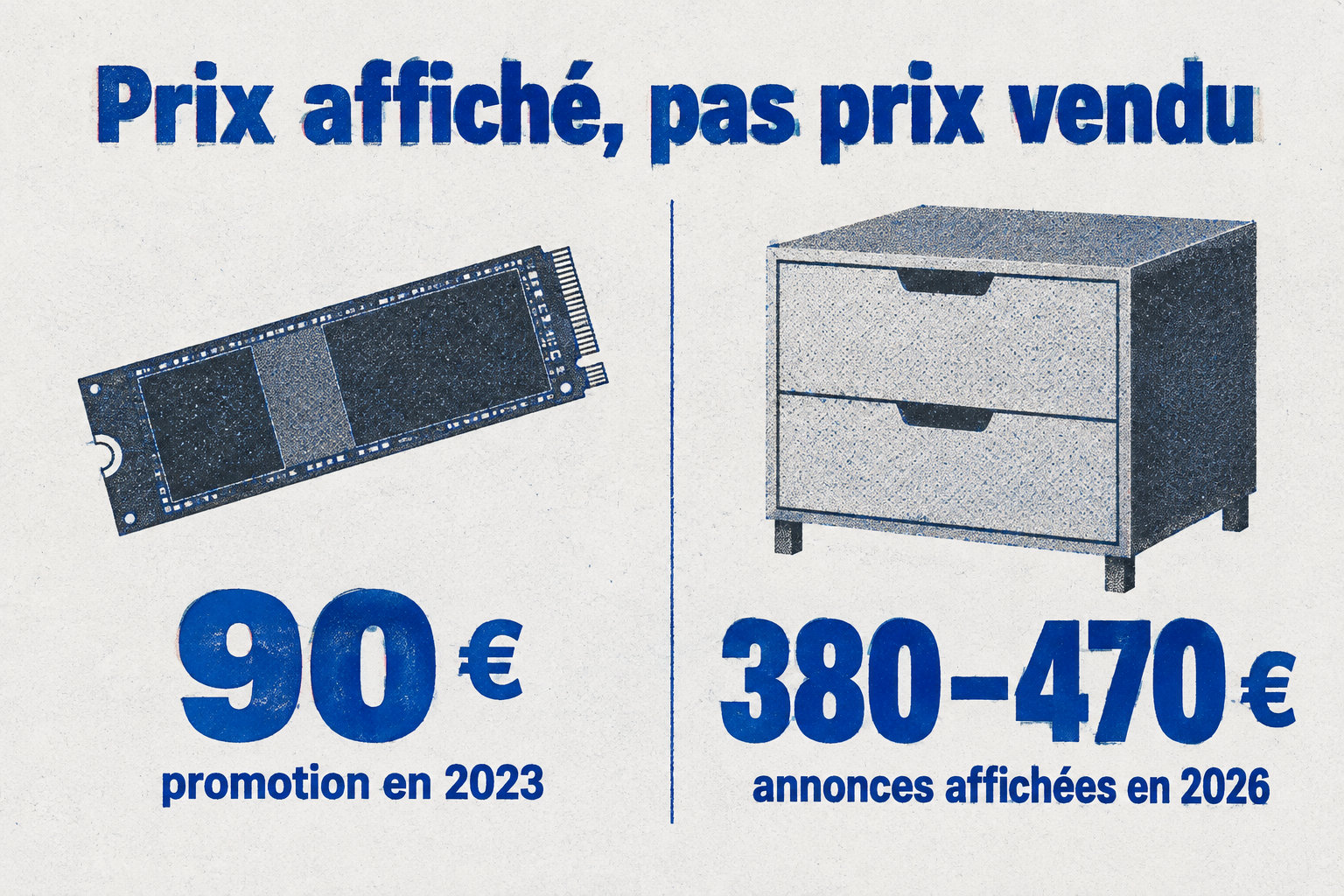 Le prix promotionnel d’environ 90 € en 2023 est comparé aux annonces affichées entre 380 et 470 € en 2026, qui ne garantissent pas un prix de revente réel.