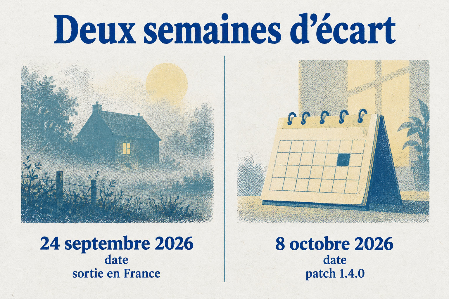 Le jeu est sorti en France le 24 septembre 2026 et le patch 1.4.0 est arrivé le 8 octobre 2026, deux semaines plus tard.