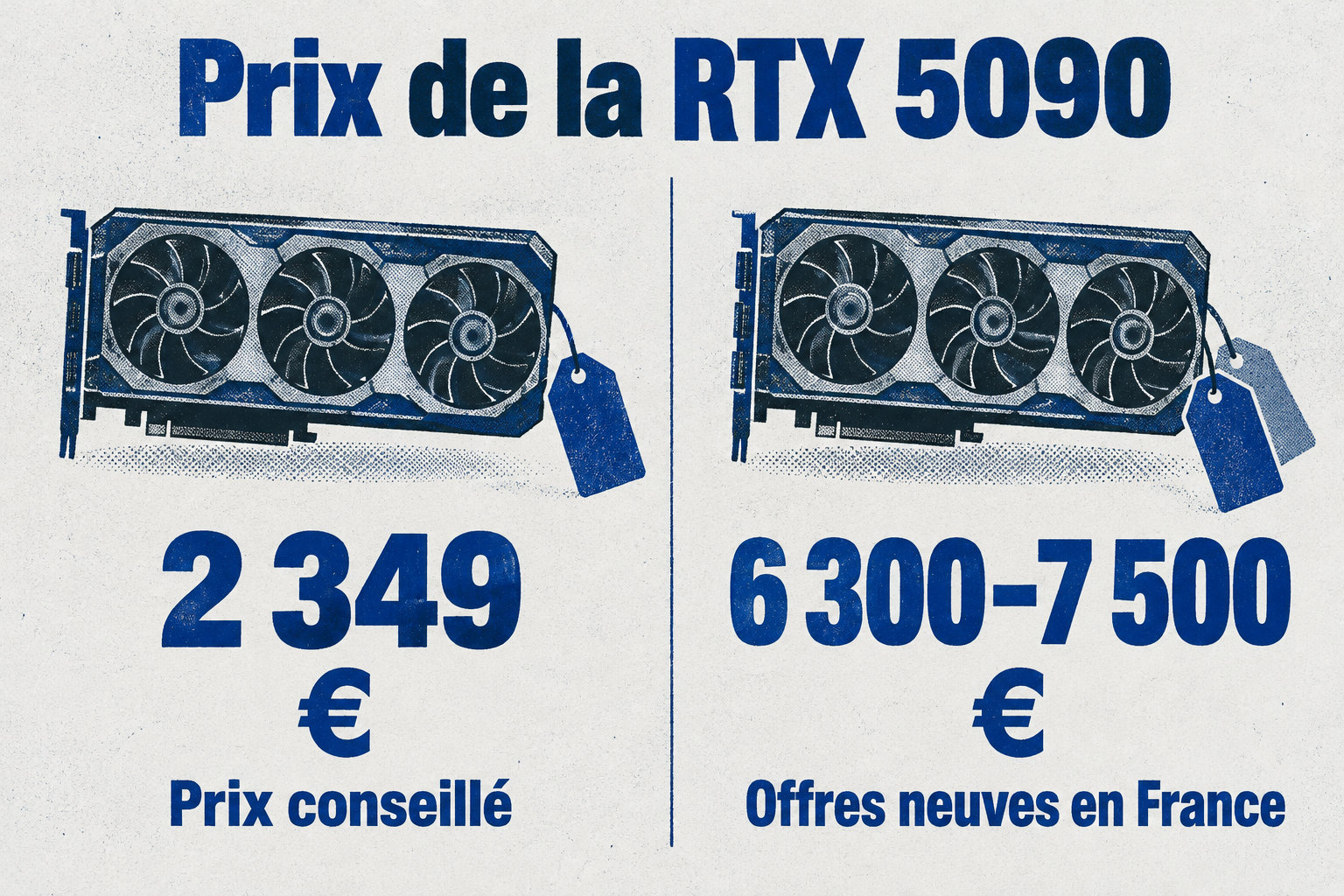 Le prix conseillé de la RTX 5090 est de 2 349 €, tandis que les offres neuves en France vont de 6 300 à 7 500 €.