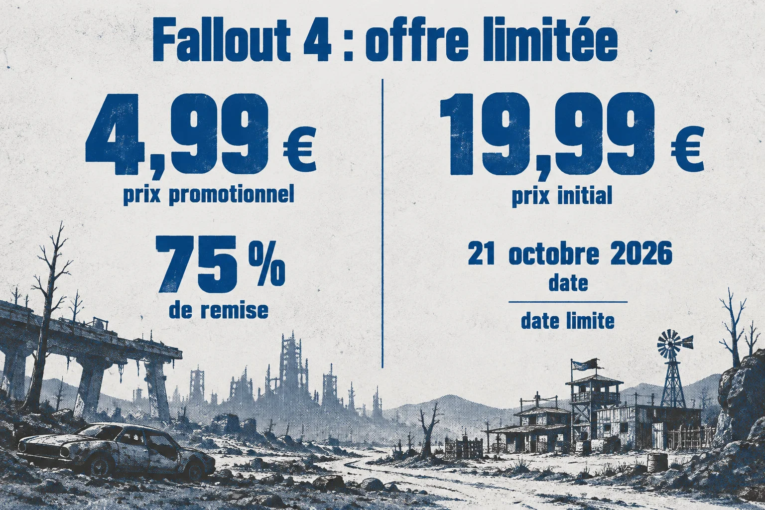 Fallout 4 coûte 4,99 € au lieu de 19,99 €, soit 75 % de remise, jusqu’au 21 octobre 2026.