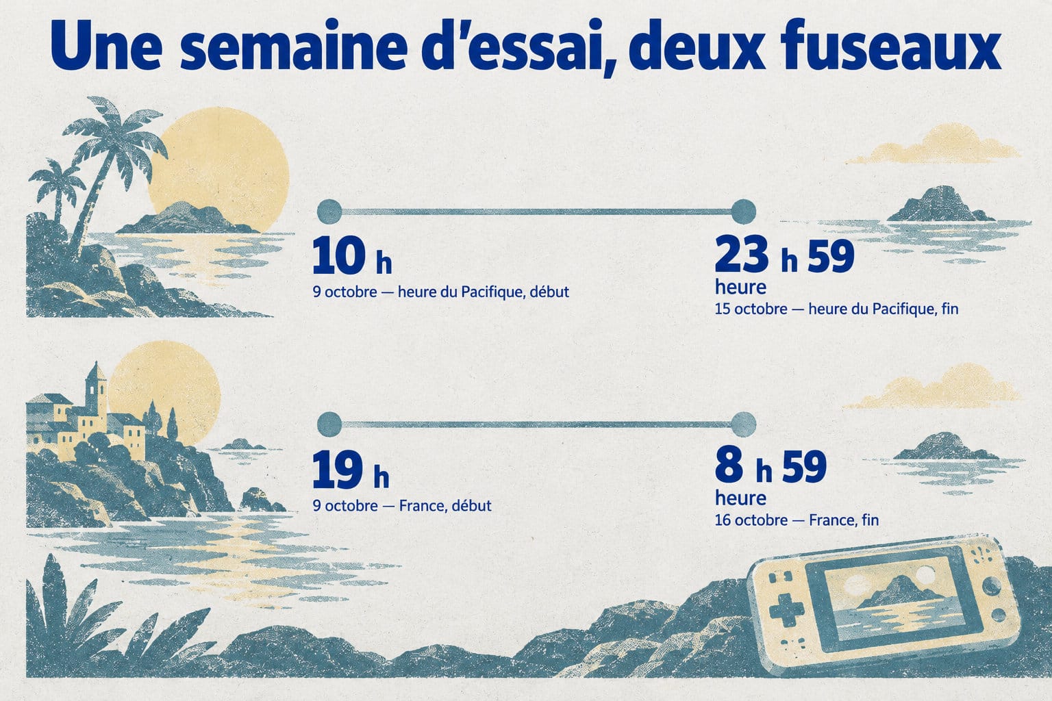 L’essai commence le 9 octobre à 10 h et finit le 15 octobre à 23 h 59, heure du Pacifique ; en France, il va du 9 octobre à 19 h au 16 octobre à 8 h 59.