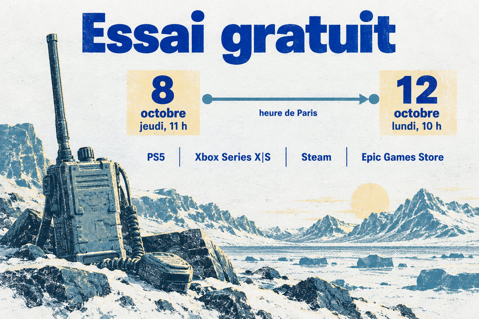 L’essai gratuit d’ARC Raiders se déroule du jeudi 8 octobre à 11 h au lundi 12 octobre à 10 h, heure de Paris, sur PS5, Xbox Series X|S, Steam et Epic Games Store.