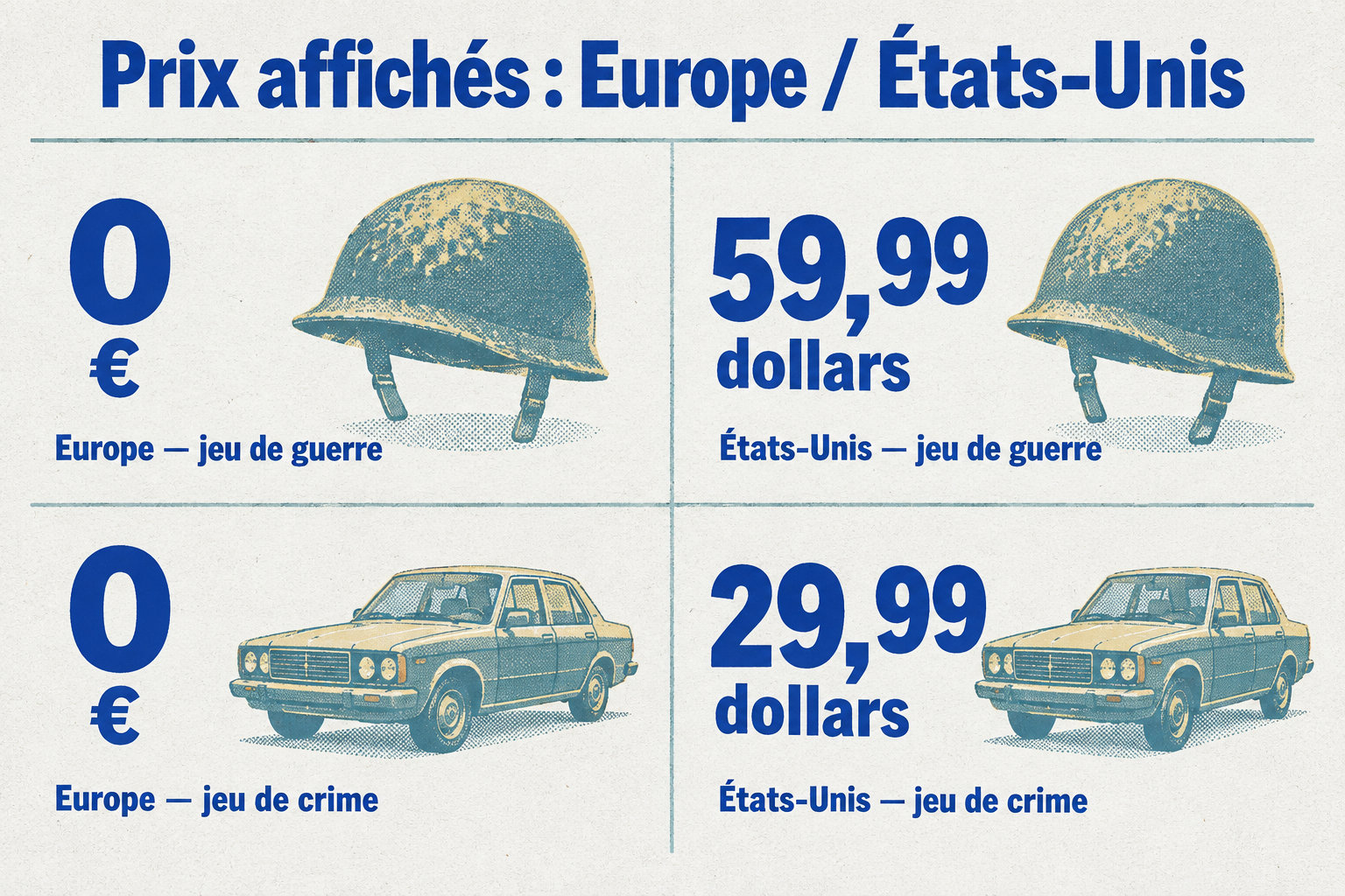 Les fiches européennes affichent 0 € pour les deux jeux, contre 59,99 dollars aux États-Unis pour le jeu de guerre et 29,99 dollars pour le jeu de crime.