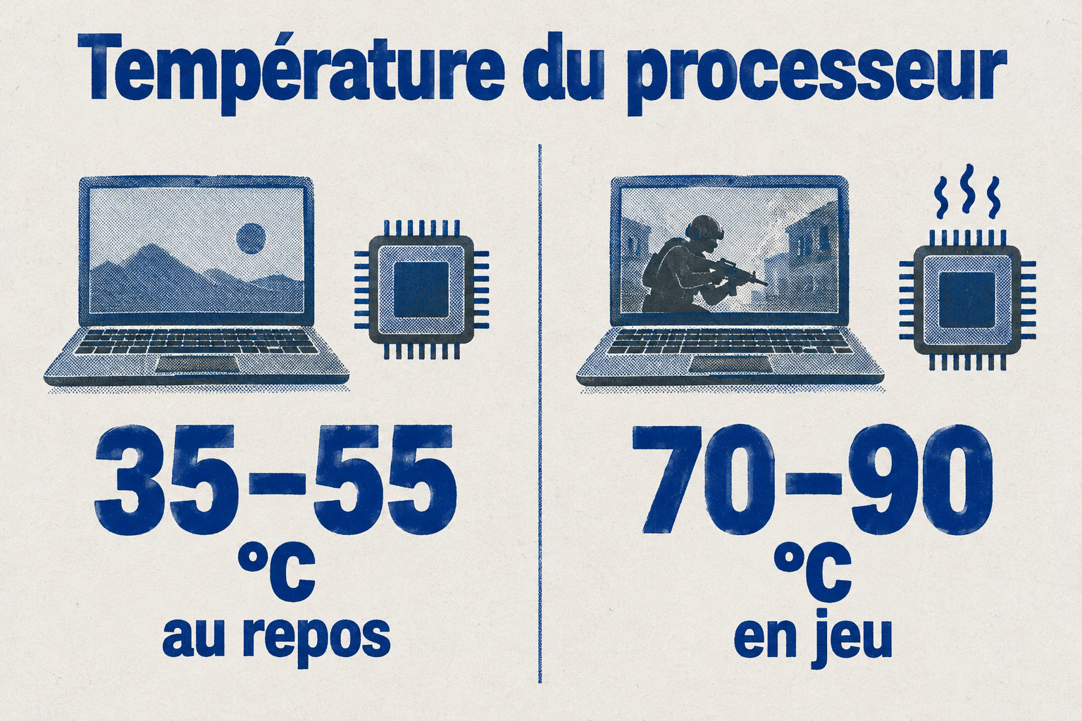 La température du processeur d’un portable se situe entre 35 et 55 °C au repos et entre 70 et 90 °C en jeu.
