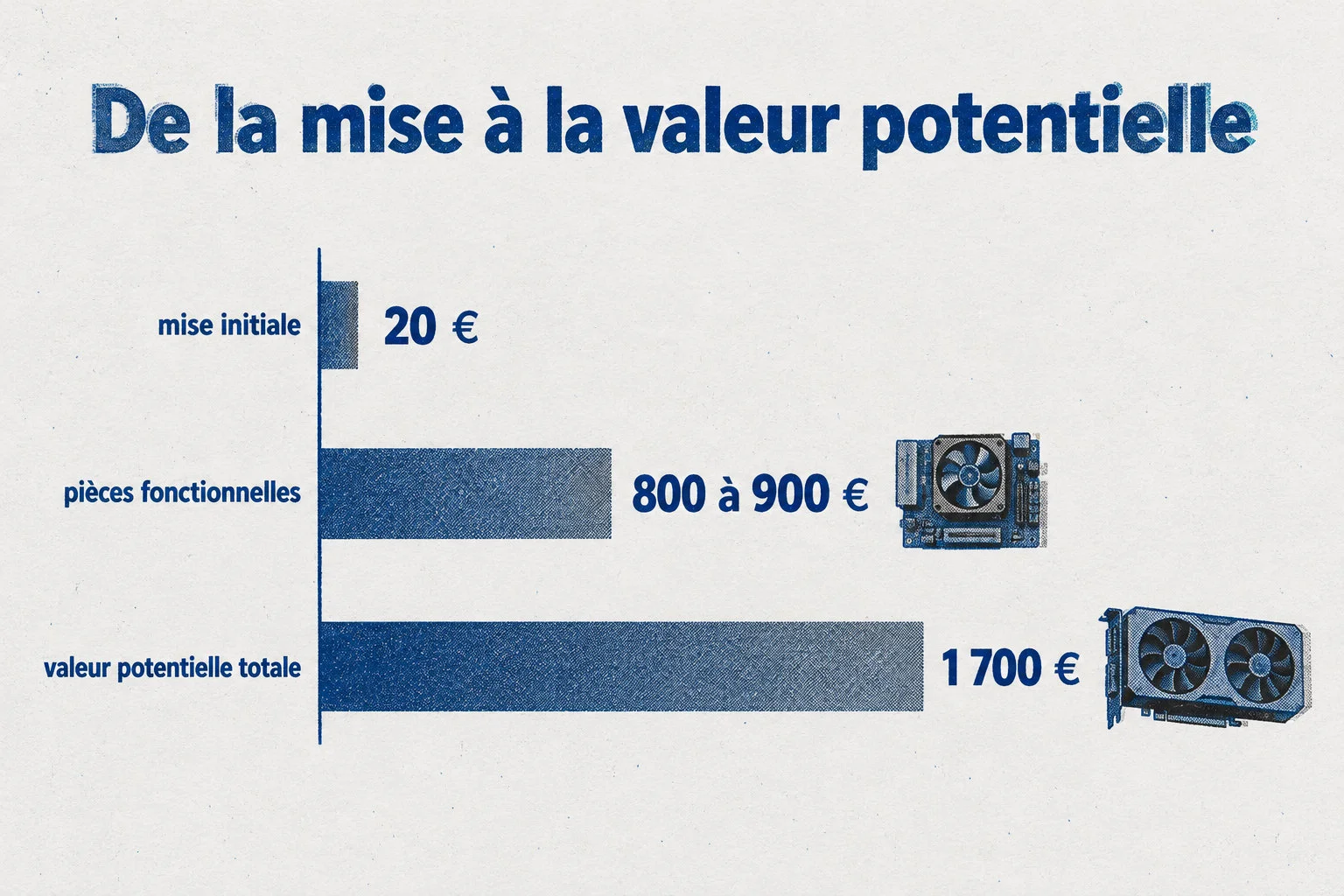 La mise initiale de 20 € est comparée aux 800 à 900 € de pièces fonctionnelles et à une valeur potentielle totale de 1 700 €.