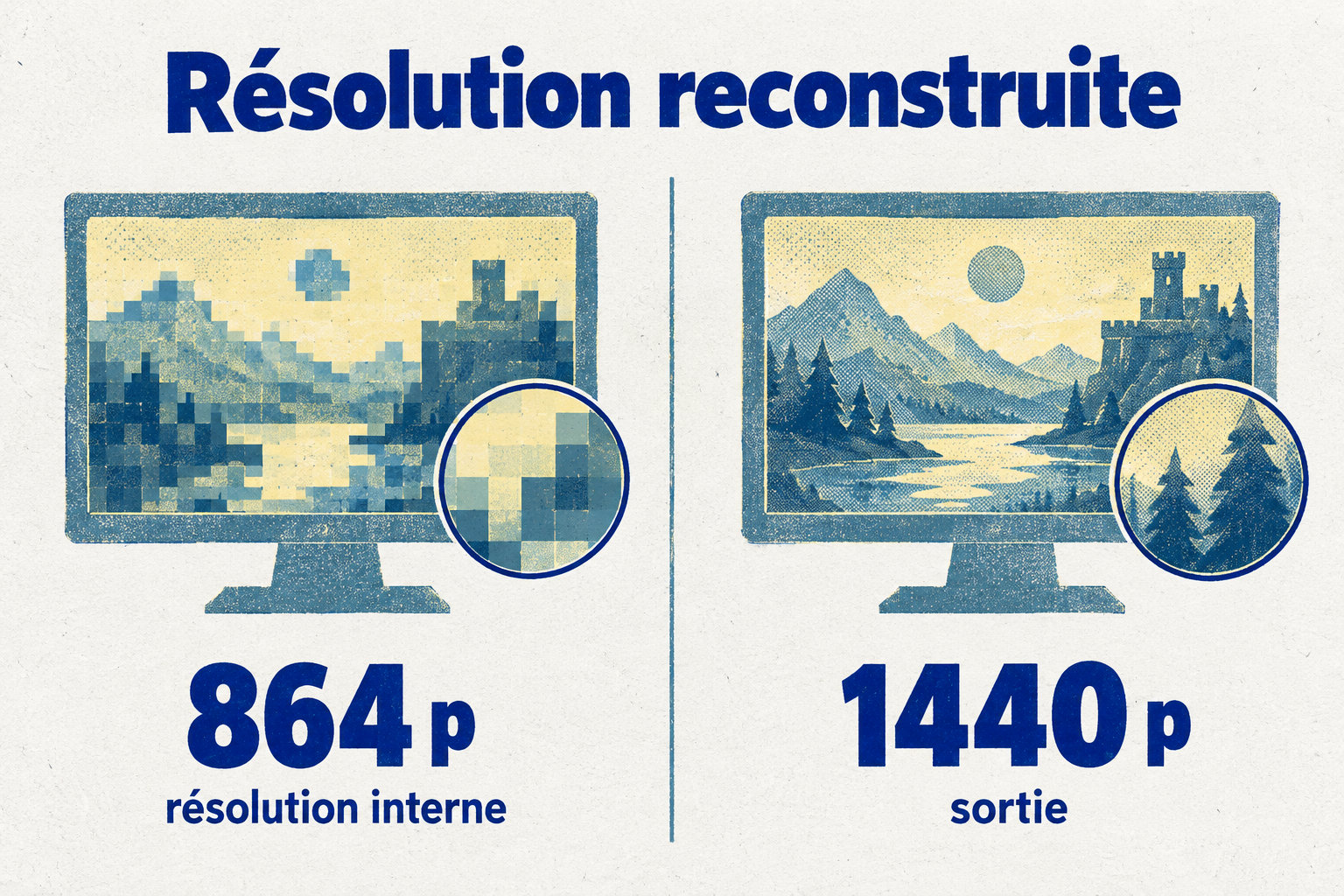 Dans le mode testé, le jeu passe d’une résolution interne d’environ 864p à une sortie proche de 1440p.
