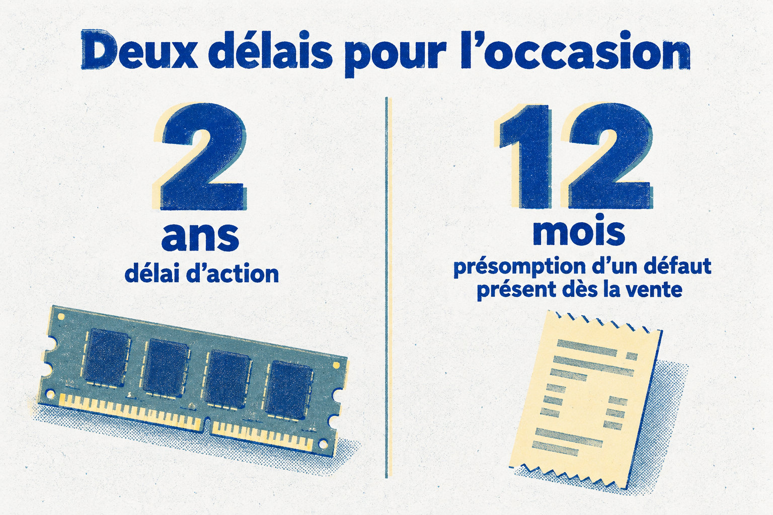 Pour un produit d’occasion acheté à un professionnel, il est possible d’agir pendant 2 ans au titre de la conformité, mais le défaut est présumé présent dès la vente pendant seulement 12 mois.