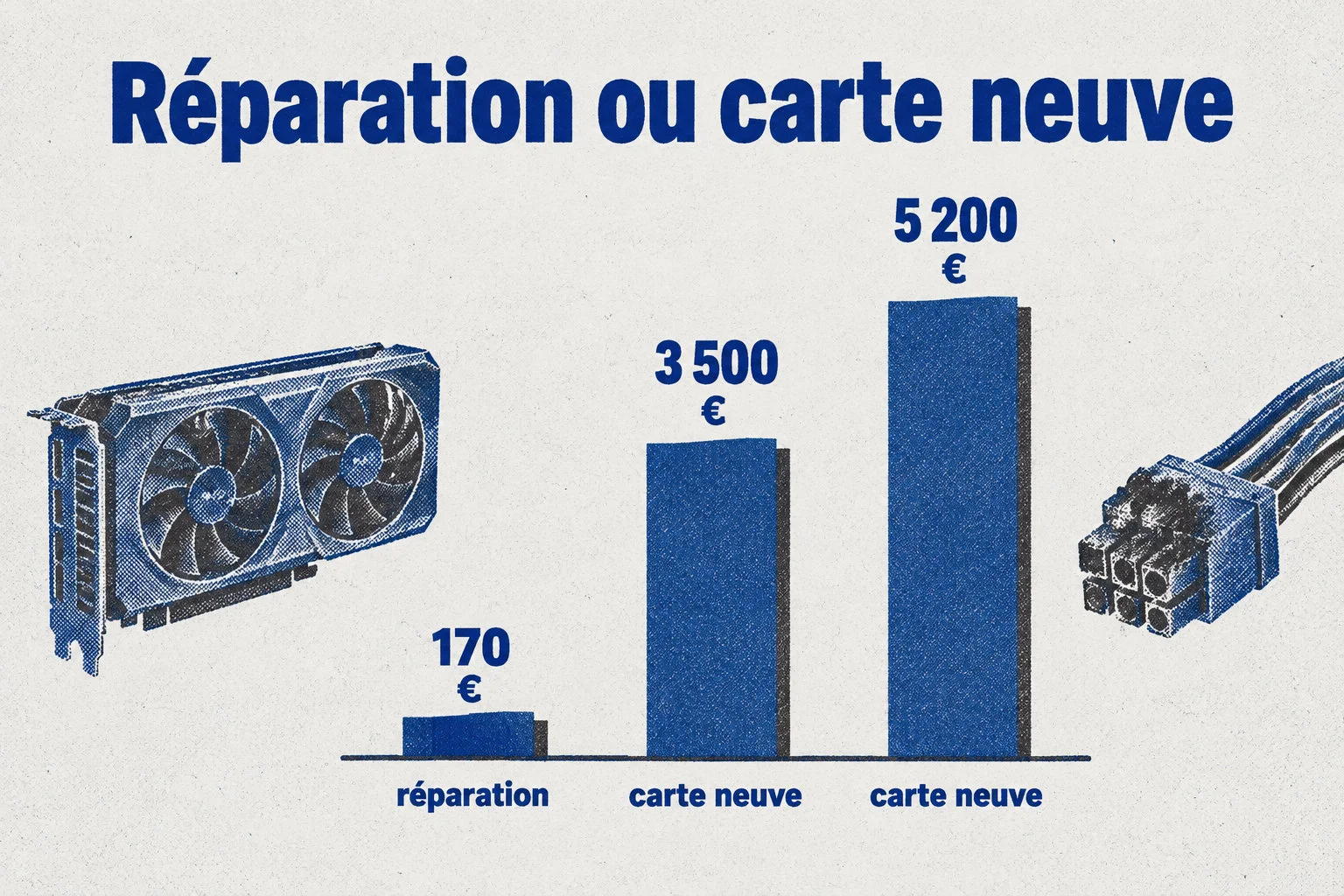 La réparation coûte environ 170 €, contre des prix de carte neuve allant de 3 500 à 5 200 €.