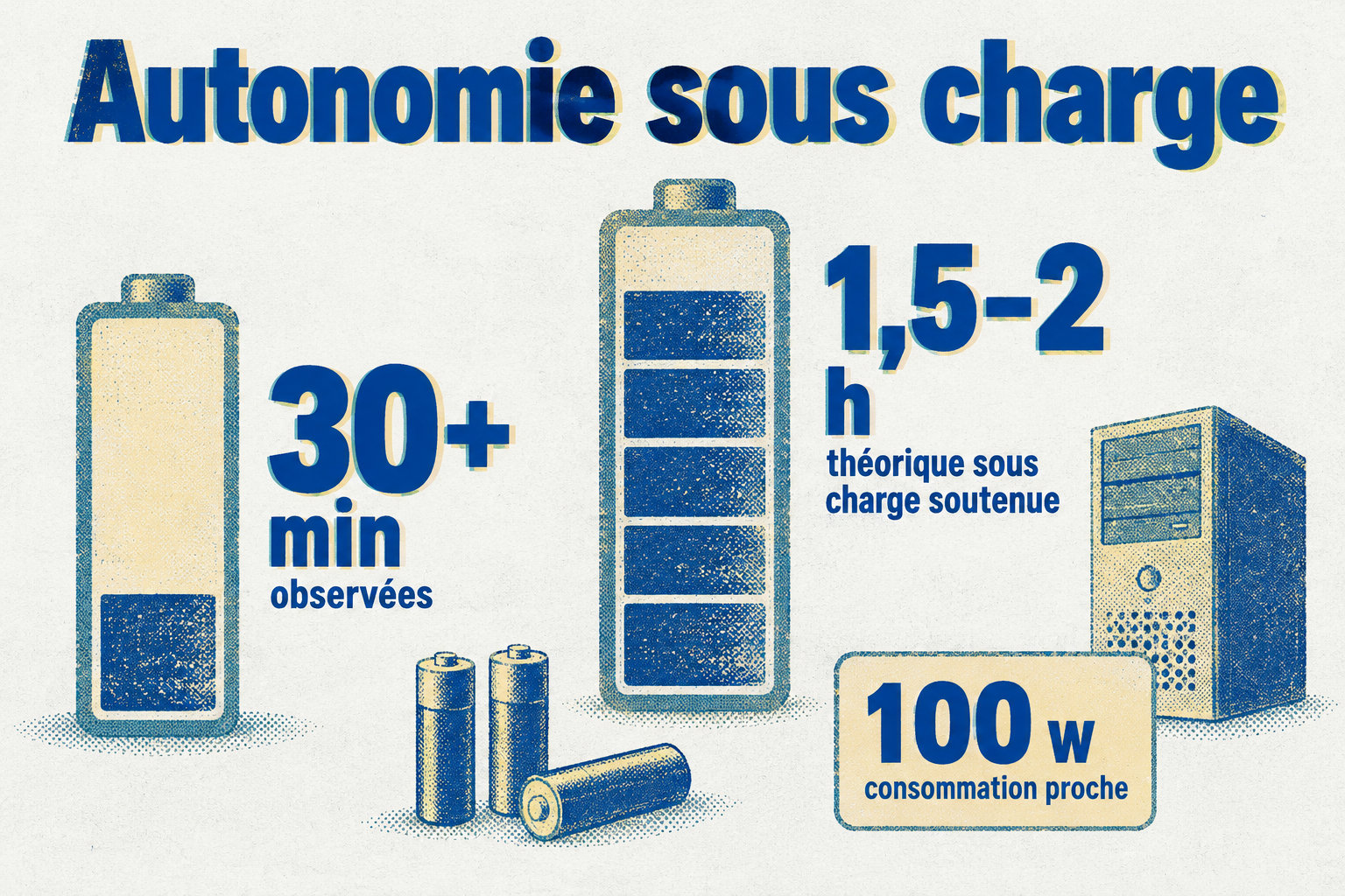 L’autonomie observée dépasse 30 min ; l’autonomie théorique sous charge soutenue est de 1,5 à 2 h pour une consommation proche de 100 W.
