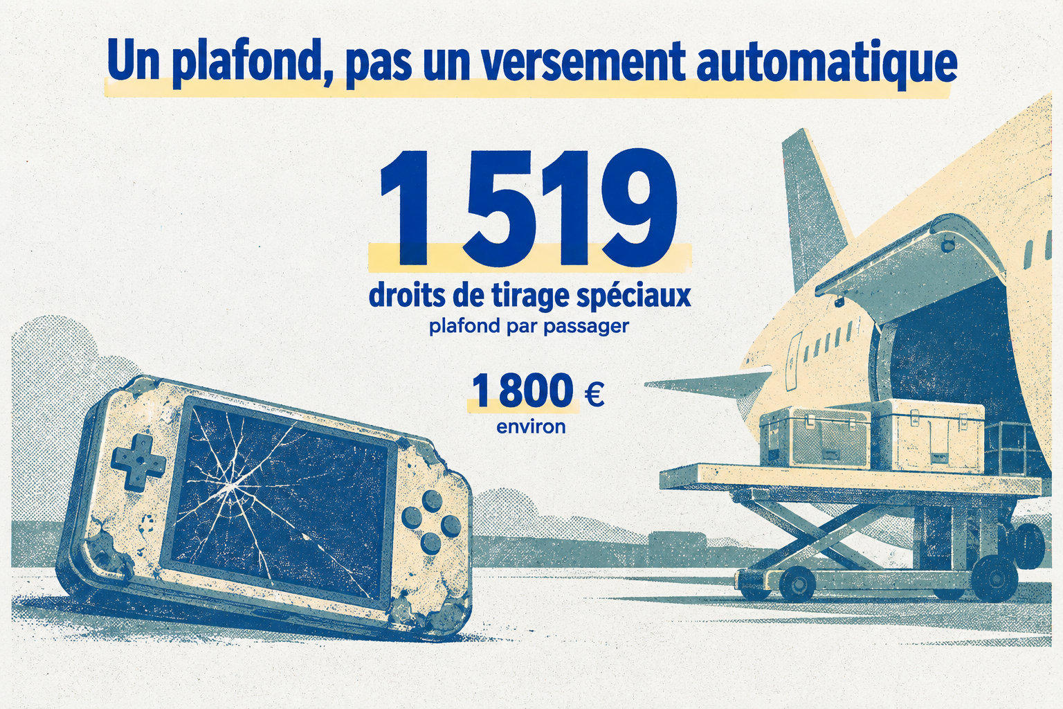 Le plafond d’indemnisation est de 1 519 droits de tirage spéciaux par passager, soit environ 1 800 €, et ne correspond pas à un versement automatique.