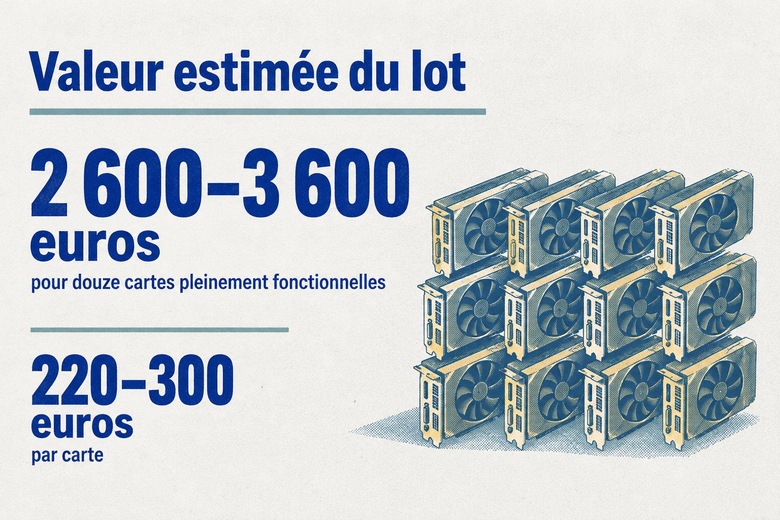 Douze cartes pleinement fonctionnelles sont estimées entre 2 600 et 3 600 euros au total, soit 220 à 300 euros par carte.