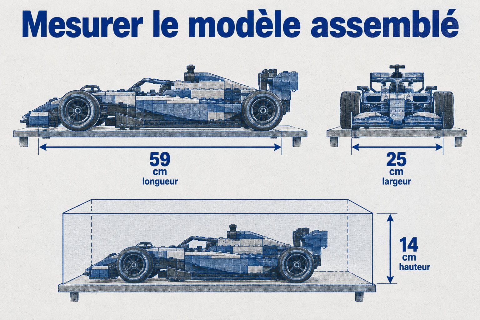 Un modèle assemblé doit être mesuré en longueur, largeur et hauteur : 59 cm, 25 cm et 14 cm, avec sa base entièrement soutenue par une tablette plus grande.