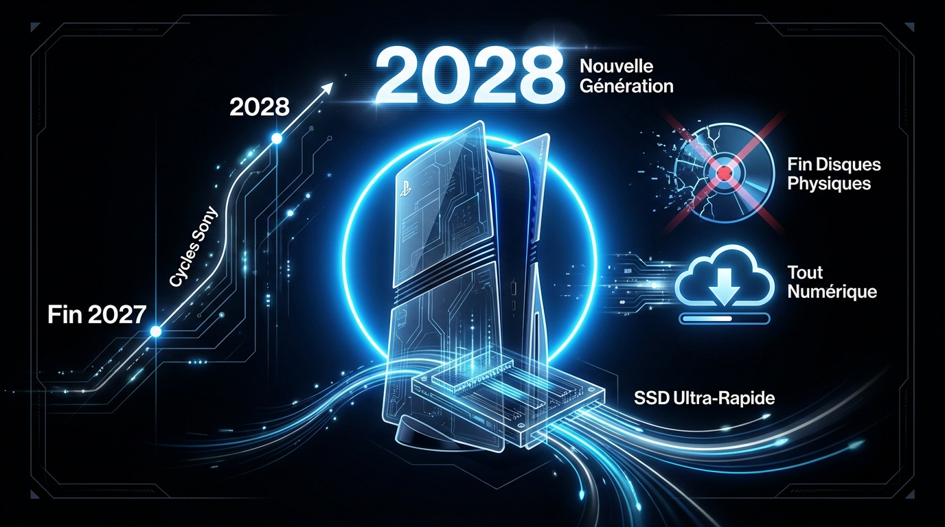Console PlayStation 6 futuriste illustrant l'ère du jeu numérique sans lecteur de disque
