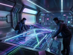 Mercato LoL : les transferts explosifs attendus en LEC pour 2027 Deux analystes examinant des données stratégiques sur une table holographique dans une salle de contrôle futuriste.