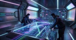 Deux analystes examinant des données stratégiques sur une table holographique dans une salle de contrôle futuriste.