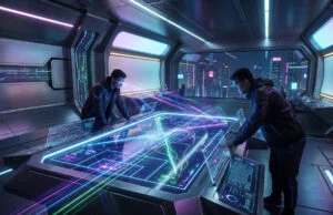 Mercato LoL : les transferts explosifs attendus en LEC pour 2027 Deux analystes examinant des données stratégiques sur une table holographique dans une salle de contrôle futuriste.