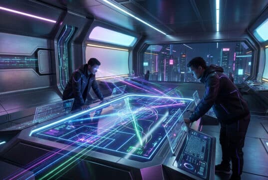 Deux analystes examinant des données stratégiques sur une table holographique dans une salle de contrôle futuriste.