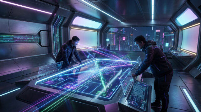 Mercato LEC 2027 : Analyse tactique futuriste Deux analystes examinant des données stratégiques sur une table holographique dans une salle de contrôle futuriste.