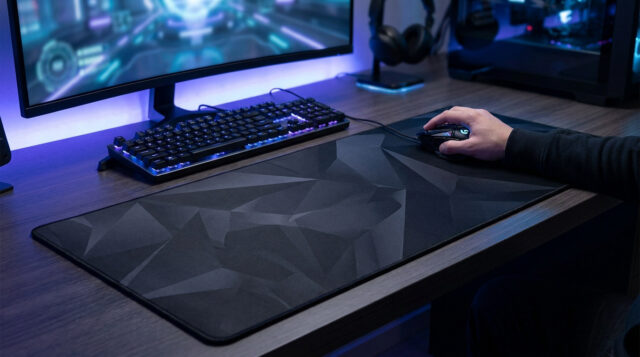 Tapis de souris XXL pour un Setup Gaming optimal Un joueur utilisant une souris sur un large tapis noir à motifs géométriques devant son écran et son clavier rétroéclairé.